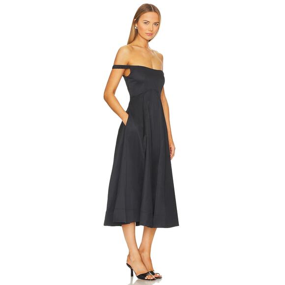 New Free People Alinda Midi Dress $228 SIZE 4 Shiny Black Off-The-Shoulder - Picture 7 of 9